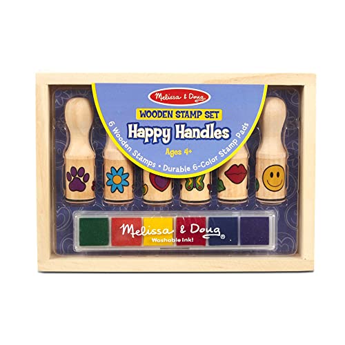 Book Cover Melissa & Doug Happy Handles Wooden Stamp Set: 6 Stamps and 6-Color Stamp Pad - Kids Stamp Packs With Washable Ink, Easy To Hold Stampers For Kids Ages 4+
