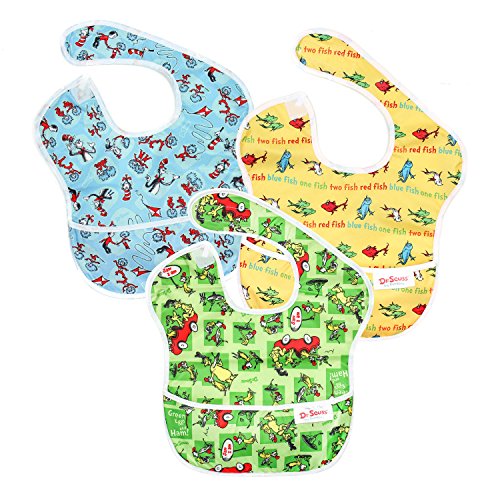 Book Cover Bumkins Dr Seuss SuperBib, Baby Bib, Waterproof, Washable, Stain and Odor Resistant, 6-24 Months, 3-Pack - Green Eggs, Yellow Fish, Cat In The Hat