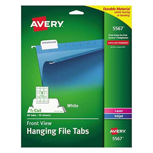 Book Cover Avery 5567 Print/Write-On Hanging Tabs, 1/5 Tab, 2 1/16, White (Pack of 90)