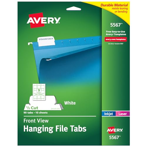 Avery 5567 Print/Write-On Hanging Tabs, 1/5 Tab, 2 1/16, White (Pack of 90)