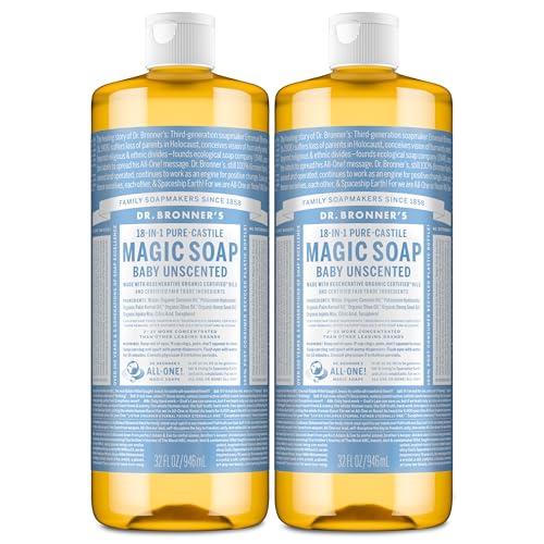 Dr. Bronner's Magic Soap-Pure-Castile Liquid Soap (Baby Unscented, 32 ounce, 2-Pack)-Regenerative Organic Certified Oils, 18-in-1 Uses: Body, Laundry & Dishes, For Sensitive Skin, No Fragrance