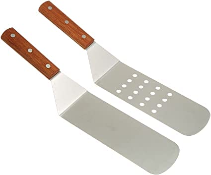 Book Cover Grill, Dump Truck, Stainless Steel, Riveted Smooth Wooden Handle, Commercial Grade, a Perforated Solid Spatula, 2-piece Set