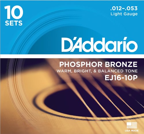 D'Addario EJ16 Phosphor Bronze Acoustic Guitar Strings, Light (10 Pack) - Corrosion-Resistant Phosphor Bronze, Offers a Warm, Bright and Well-Balanced Acoustic Tone and Comfortable Playability
