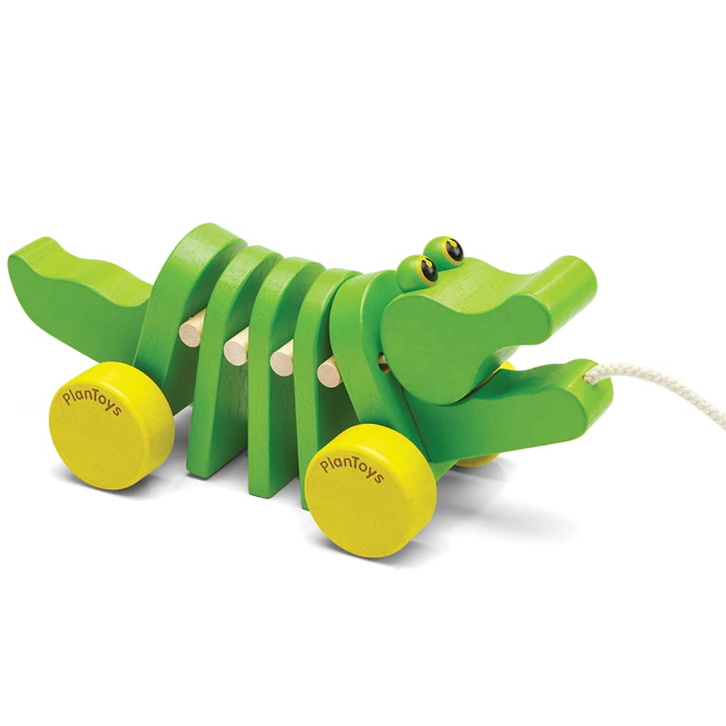 Book Cover PlanToys Dancing Alligator Push & Pull Toy - Sustainably Made from Rubberwood with 3 Organic-Pigment Color Options and Makes Click-Clack Sounds and Dancing Movements when Pulled (Natural)