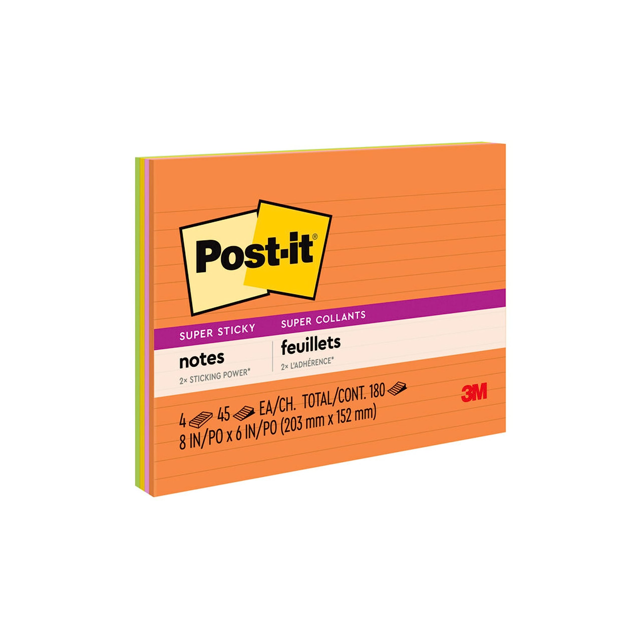 Book Cover Post-it Super Sticky Notes, 8x6 in, 4 Pads, 2x the Sticking Power, Energy Boost Collection, Bright Colors, Recyclable (6845-SSPL)