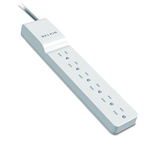Book Cover Belkin Power Strip Surge Protector - 6 AC Multiple Outlets - Flat Rotating Plug, 8 ft Long Heavy Duty Extension Cord for Home, Office, Travel, Computer Desktop & Charging Brick - White (720 Joules)