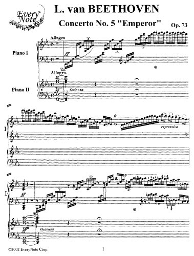 Beethoven Concerto No. 5, Op. 73 "Emperor" for Piano and Orchestra (2 Piano reduction): Instantly download and print sheet music