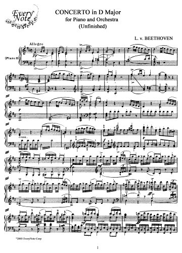 Beethoven Concerto in D Major (Unfinished) for Piano and Orchestra (2 Piano reduction): Instantly download and print sheet music