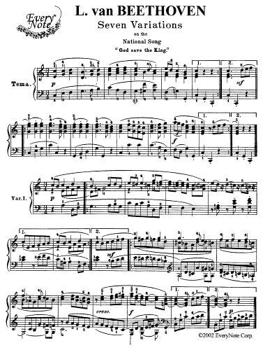 Beethoven 7 Variations on the National Song" God Save the King" for Piano: Instantly download and print sheet music