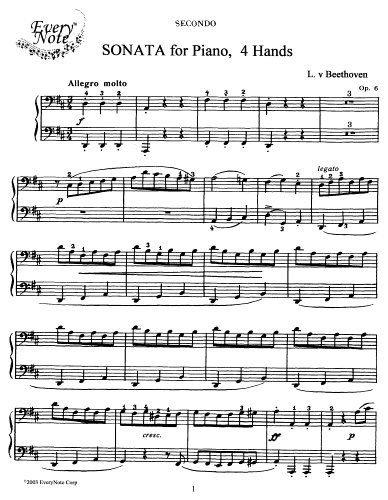 Beethoven Sonata for Piano 4 Hands, Op. 6: Instantly download and print sheet music