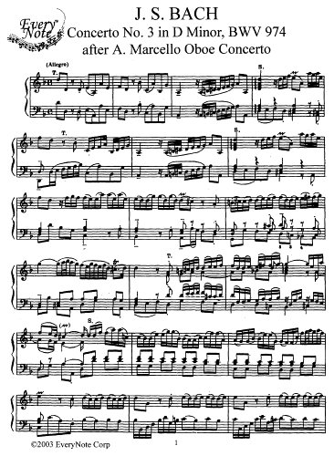 Bach J.S. Concerto No. 3 in D Minor after A. Marcello Oboe Concerto (Arr. for Piano Solo by J.S. Bach): Instantly download and print sheet music