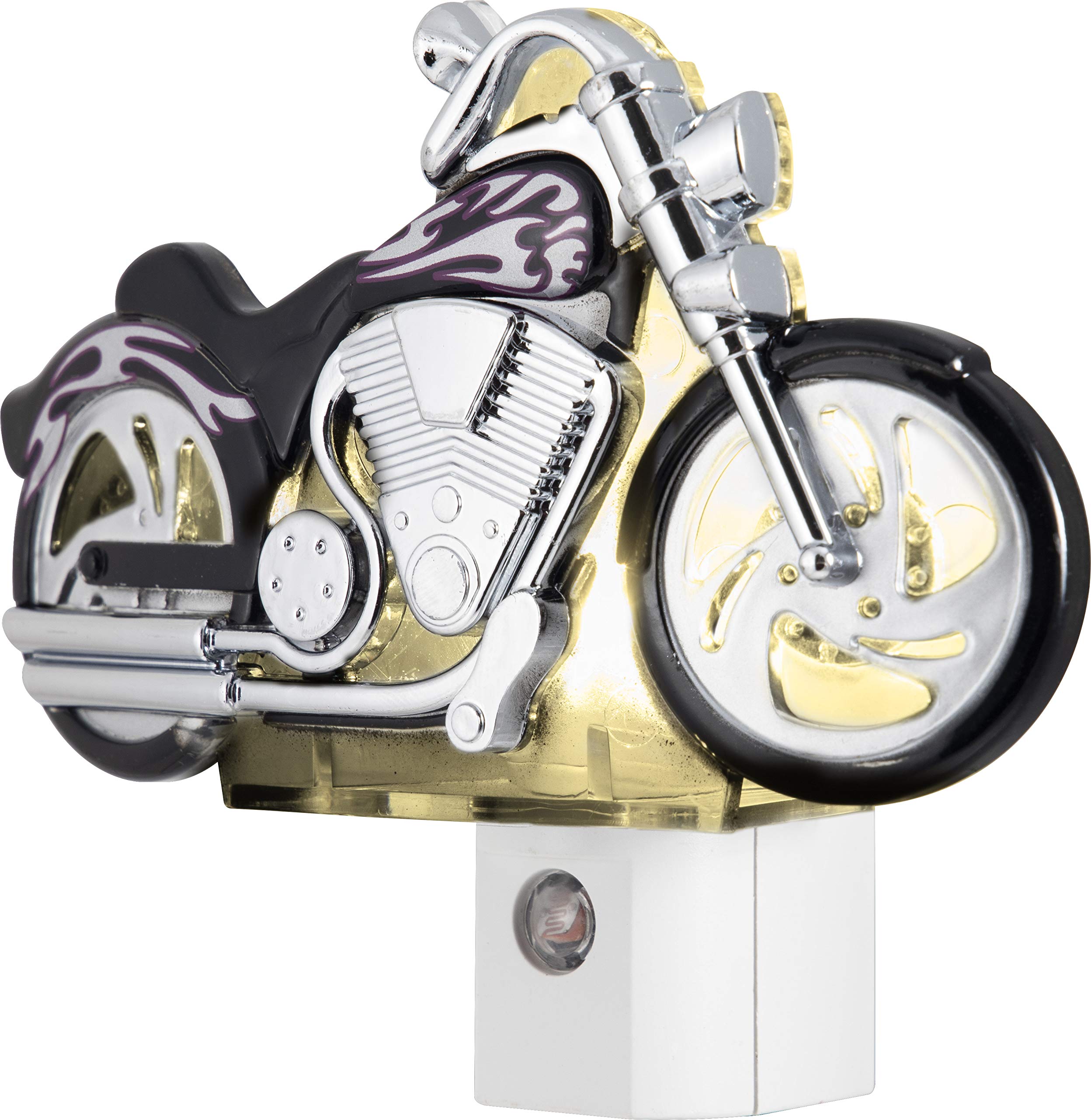 Book Cover GE LED Motorcycle Night Light, Plug-In, Dusk-to-Dawn Sensor, Auto On/Off, Energy-Efficient, Soft White, Flames & Chrome Design, Ideal for Bedroom, Playroom, Bathroom, & More, Black/Silver, 10904