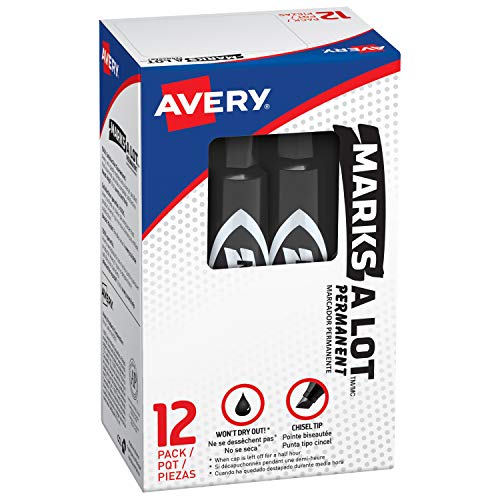 Book Cover Avery Marks-A-Lot Permanent Markers, Regular Desk-Style Size, Chisel Tip, Water and Wear Resistant, 12 Black Markers (07888)