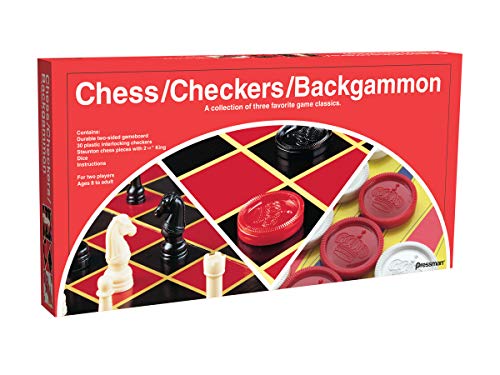 Book Cover Pressman Chess / Checkers / Backgammon - 3 Games in One with Full Size Staunton Chess Pieces and Interlocking Checkers, 15.62 x 8.00 x 1.50 Inches Redbox 3 in 1