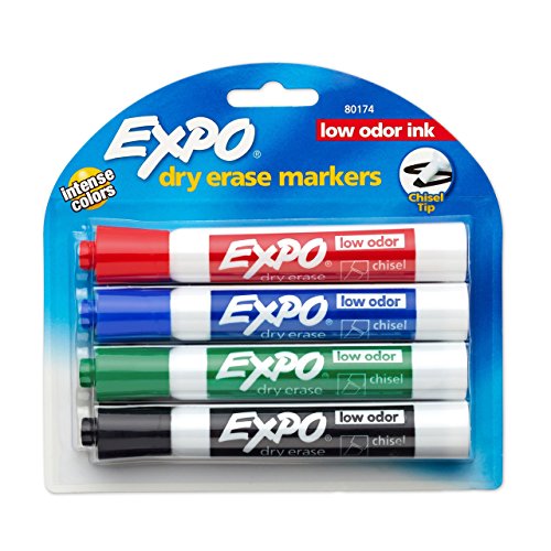 Book Cover Expo 80174 Low Odor Chisel Point Dry Erase Marker Pack, Designed for Whiteboards, Glass and Most Non-Porous Surfaces, 4 Assorted Color Markers, Pack of 1 Blister