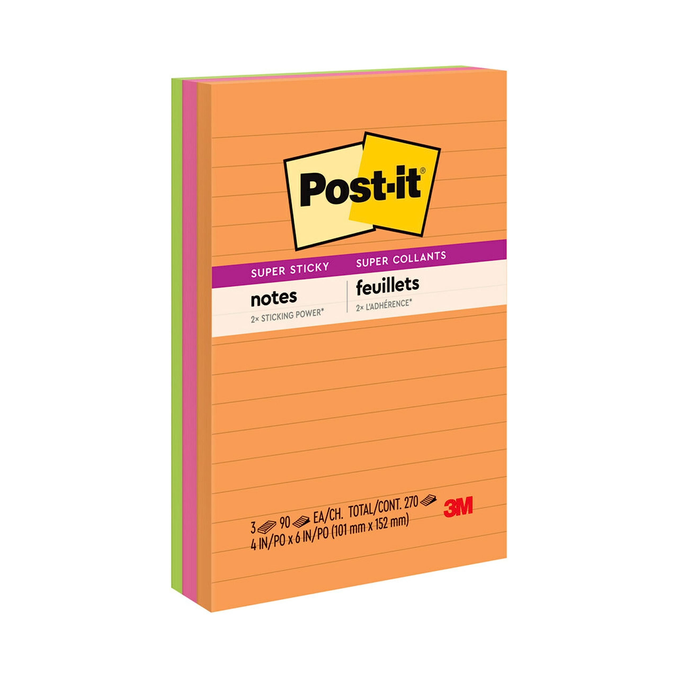 Book Cover Post-it Super Sticky Notes, 4x6 in, 3 Pads, 2x the Sticking Power, Energy Boost Collection, Bright Colors, Recyclable (660-3SSUC)