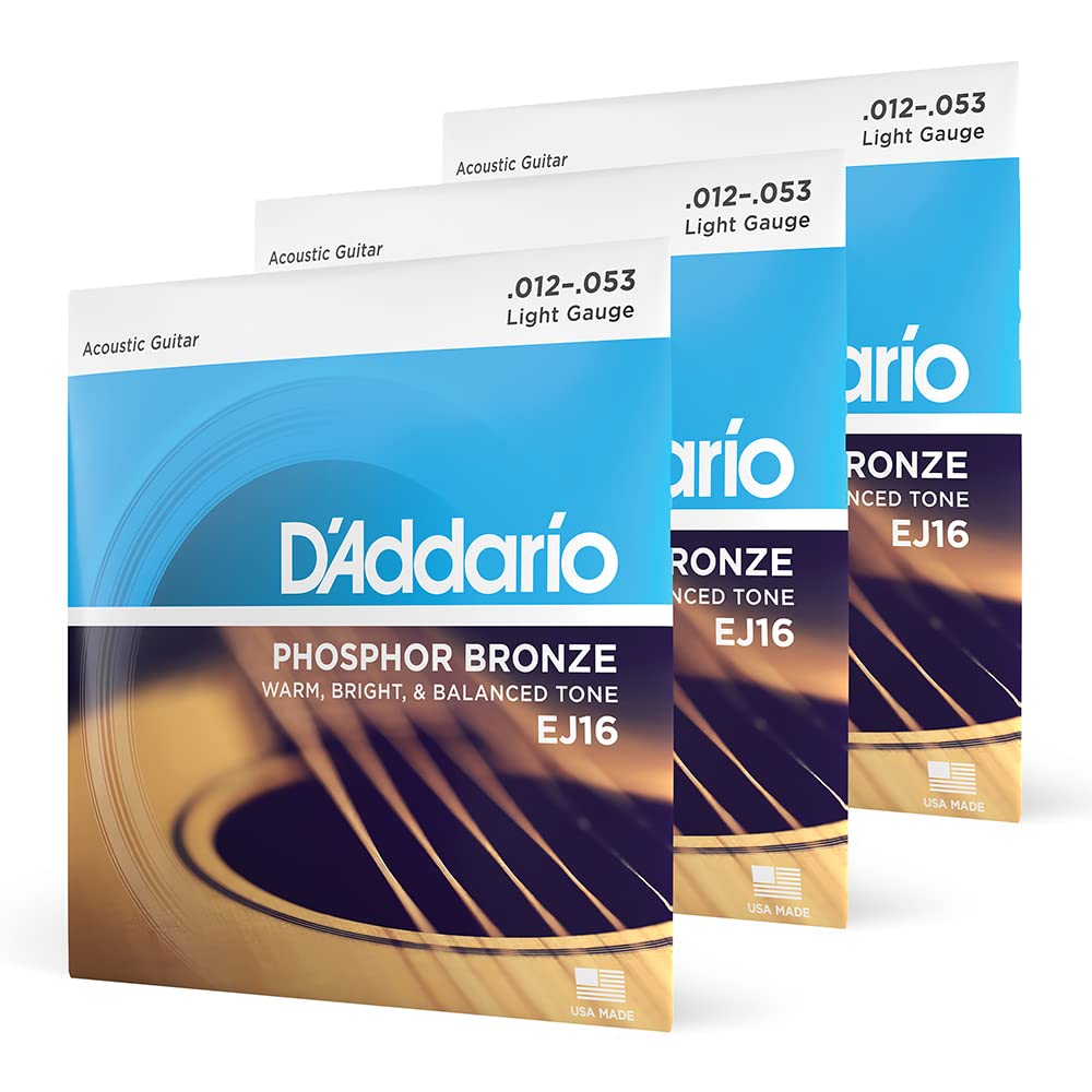 D'Addario Guitar Strings - Phosphor Bronze Acoustic Guitar Strings - EJ16-3D - Rich, Full Tonal Spectrum - For 6 String Guitars - Made in the USA - 12-53 Light, 3-Pack Light, 12-53 3-Pack