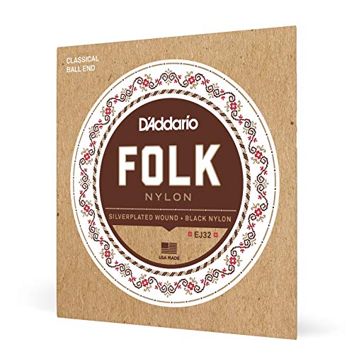 D'Addario EJ32 Folk Nylon Guitar Strings, Ball End, Silver Wound/Black Nylon Trebles