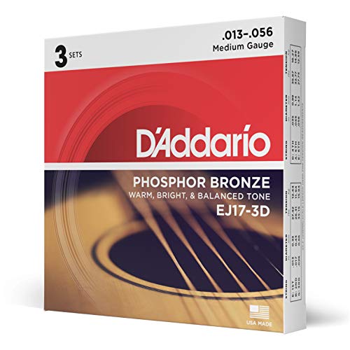 Dâ€™Addario EJ17 Phosphor Bronze Acoustic Guitar Strings, Medium (3 Pack) â€“ Corrosion-Resistant Phosphor Bronze, Offers a Warm, Bright and Well-Balanced Acoustic Tone and Comfortable Playability