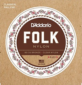D'Addario EJ33 Folk Nylon Guitar Strings, Ball End, 80/20 Bronze/Clear Nylon Trebles