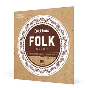 D'Addario EJ32 Folk Nylon Guitar Strings, Ball End, Silver Wound/Black Nylon Trebles