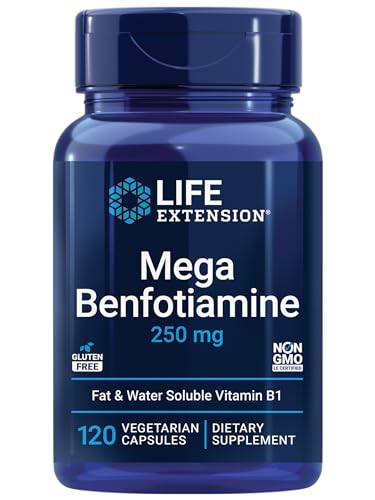 Life Extension Mega Benfotiamine, 250 mg, a fat-soluble form of thiamine, healthy metabolism, ultra-bioavailable vitamin B1, high potency, gluten-free, non-GMO, vegetarian, 120 capsules