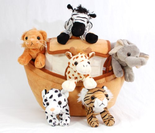 Book Cover Plush Noah's Ark with Animals - Six (6) Stuffed Animals (Lion, Zebra, Tiger, Giraffe, Elephant, and White Tiger) in Play Ark Carrying Case