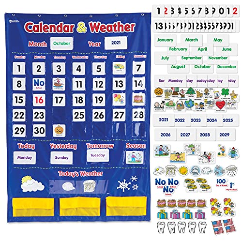 Learning Resources Calendar & Weather Pocket Chart, School Calendar for Classrooms, Calendar Kit for Classroom, Homeschool Calendar, Set of 136, Ages 3+