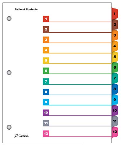Cardinal 12-Tab Numbered Binder Dividers, OneStep Index System for 3 Ring Binders, Tabs Numbered 1-12, Reverisble Multicolor Tabs, 1 Set (61218)