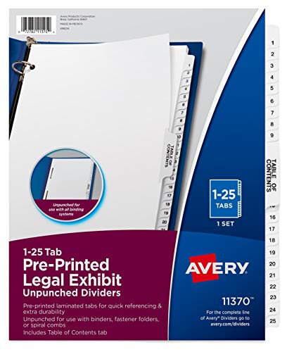 Book Cover Avery Premium Collated Legal Exhibit Divider Set, Avery Style, 1-25 and Table of Contents, Side Tab, 8.5 x 11 Inches, 1 Set (11370), White