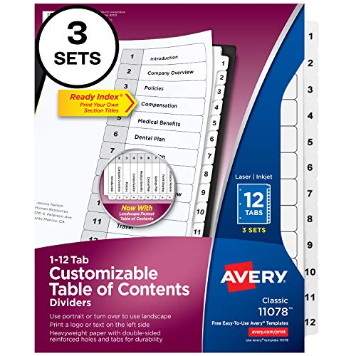 Avery 12 Tab Dividers for 3 Ring Binders, Customizable Table of Contents, Classic White Tabs, 3 Sets (11078)