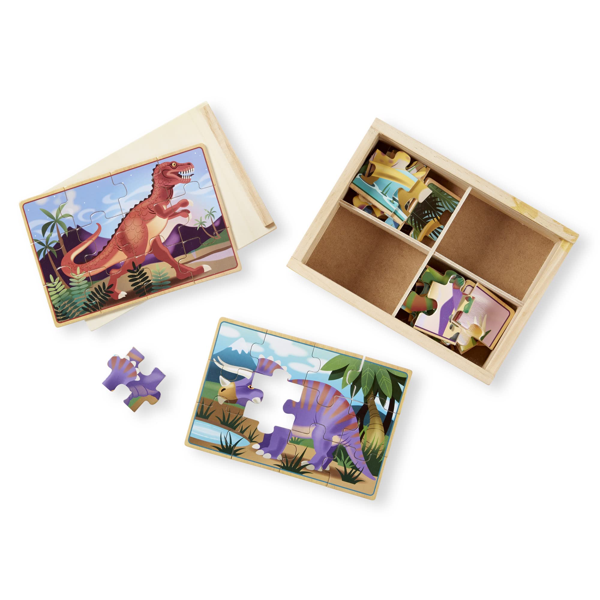 Book Cover Melissa & Doug Dinosaurs 4-in-1 Wooden Jigsaw Puzzles in a Storage Box (48 pcs) - Kids Puzzle, Dinosaur Puzzles for Kids Ages 3+ - FSC-Certified Materials