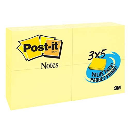 Post-it Notes Value Pack, America's #1 Favorite Sticky Note, 3 x 5-Inches, Canary Yellow, 24-Pads/Pack