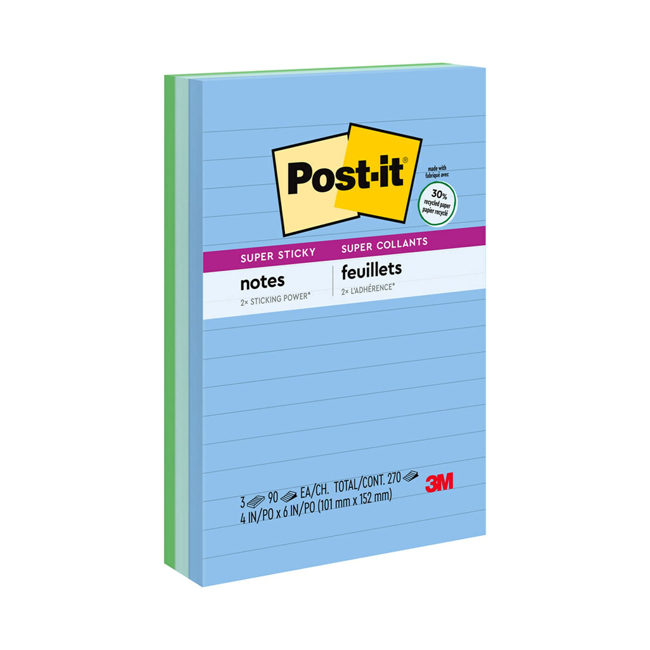 Book Cover Post-it Super Sticky Recycled Notes, 4x6 in, 3 Pads, 2x the Sticking Power, Poptimistic, Bright Colors, 30% Recycled Paper (660-3SST)