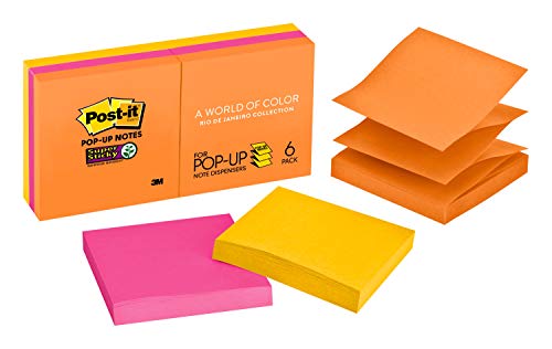 Post-it Super Sticky Pop-upNotes, 3 in x 3 in, 6 Pads, 2x the Sticking Power, Rio de Janerio Collection, Bright Colors (Orange, Pink, Blue, Green),Recyclable (R330-6SSUC)