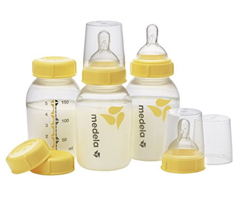 Book Cover Medela Breast Milk Storage Bottles, 3 Pack of 5 Ounce Breastfeeding Bottles with Slow Flow Nipples, Lids, Wide Base Collars, and Travel Caps, Made Without BPA