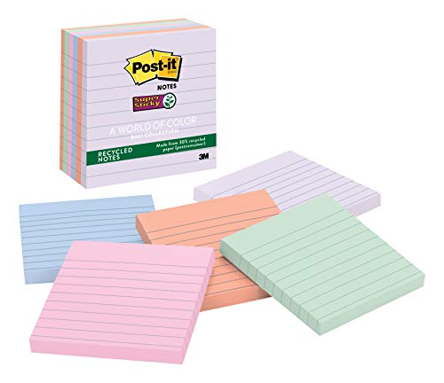 Book Cover Post-it Recycled Super Sticky Notes, 2x Sticking Power, 4 in x 4 in, Bali Collection, Lined, 6 Pads/Pack (675-6SSNRP)