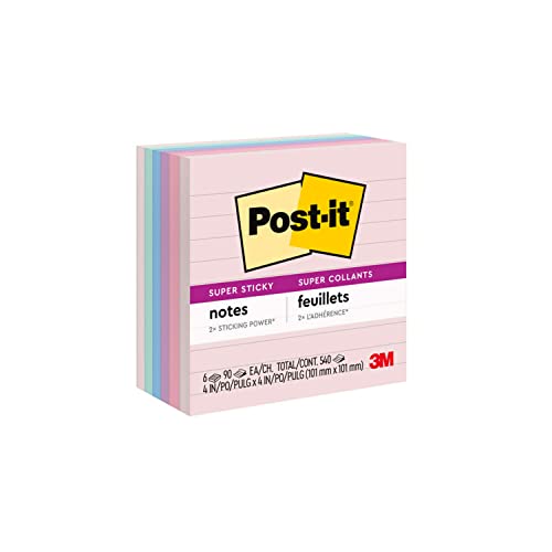 Post-it Recycled Super Sticky Notes, 4 in x 4 in, Bali Collection, Lined, 6 Pads/Pack (675-6SSNRP)