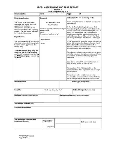 IECEX 60079-2 Ed. 4.0 en:2002, Assessment and Test Report (ATR) for IEC 60079-2 (2001) ed. 4.0 - Electrical apparatus for explosive gas atmospheres ... type of protection 'p' (Pressurization)