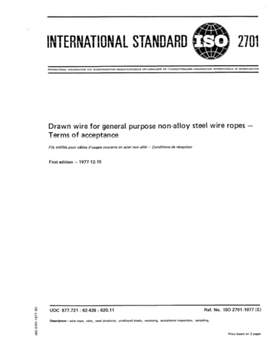 ISO 2701:1977, Drawn wire for general purpose non-alloy steel wire ropes - Terms of acceptance