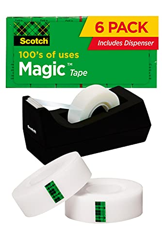 Book Cover Scotch Magic Tape, 6 Rolls with Dispenser, Numerous Applications, Invisible, Engineered for Repairing, 3/4 x 1000 Inches, Boxed (810K6C38)