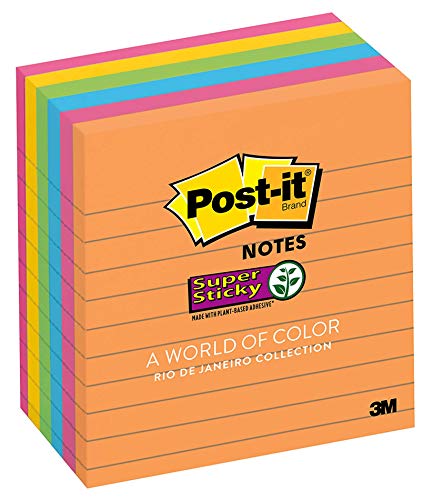 Book Cover Post-it Super Sticky Notes, 4 in x 4 in, 6 Pads, 2x the Sticking Power, Rio de Janeiro Collection, Bright Colors (Orange, Pink, Blue, Green), Recyclable (675-6SSUC)
