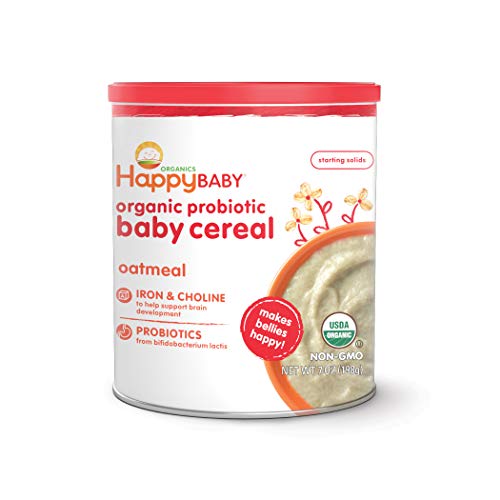 Happy Baby Organic Probiotic Baby Cereal with Choline Oatmeal, 7 Ounce Canister (Pack of 6) Organic Baby Cereal with Iron & Choline to Support Baby's Brain Development (Packaging may vary)