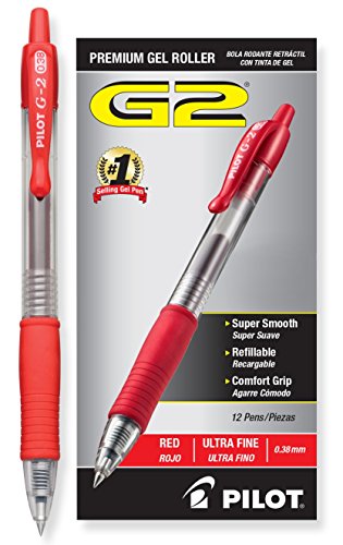 Book Cover Pilot G2 Retractable Premium Gel Ink Roller Ball Pens Ultra Fine (.38) Dozen Box Red ; Retractable, Refillable & Premium Comfort Grip; Smooth Lines to the End of Page, America's #1 Selling Pen Brand