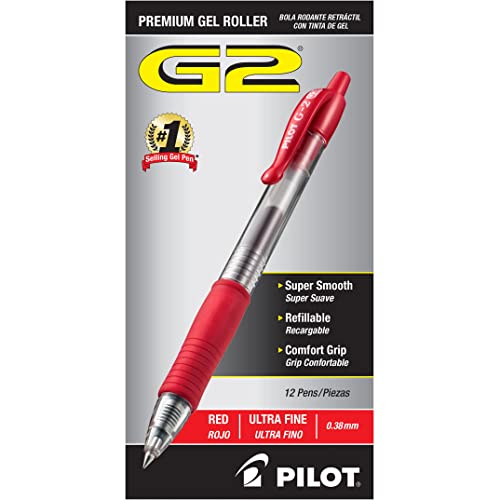 Pilot G2 Retractable Premium Gel Ink Roller Ball Pens Ultra Fine (.38) Dozen Box Red ; Retractable, Refillable & Premium Comfort Grip; Smooth Lines to the End of Page, America's #1 Selling Pen Brand