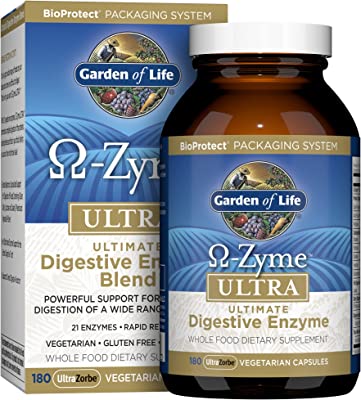 Book Cover Garden of Life Vegetarian Digestive Supplement - Omega Zyme Ultra Enzyme Blend for Digestion, Bloating, Gas, and IBS, 180 Capsules