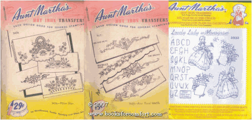 Aunt Martha's Hot Iron Transfers Pillow Slips #3436, Four Floral Motifs #9631 AND Lovely Lady w/Monogram #3932, 3 Packs