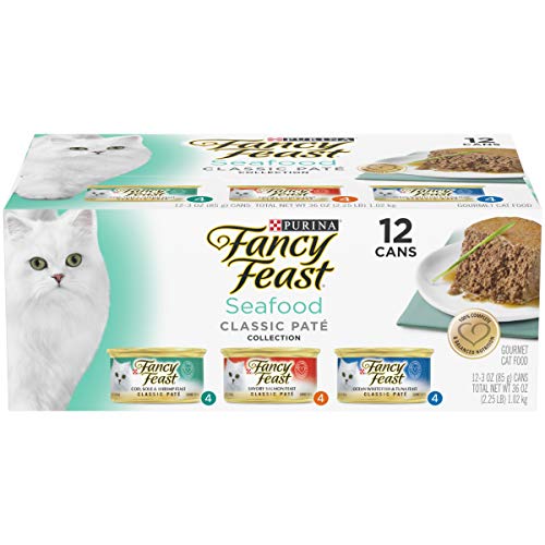 Book Cover Purina Fancy Feast Grain Free Pate Wet Cat Food Variety Pack; Seafood Classic Pate Collection - 3 oz. Cans, 2 packs of 12 cans