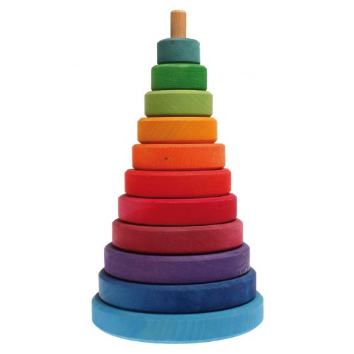 Book Cover Grimm's Large Wooden Conical Stacking Tower, 11-Piece Rainbow Colored Stacker, Made in Germany