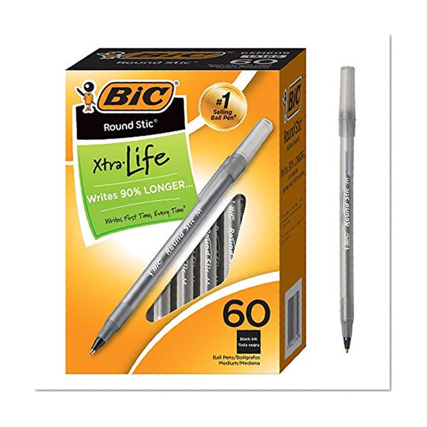 Book Cover BIC Round Stic Xtra Life Ballpoint Pen, Medium Point (1.0mm), Black, 60-Count
